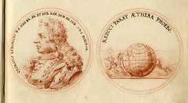 135534 Links: afbeelding van een penning met het portret van koning George I van Engeland.Rechts: afbeelding van de ...